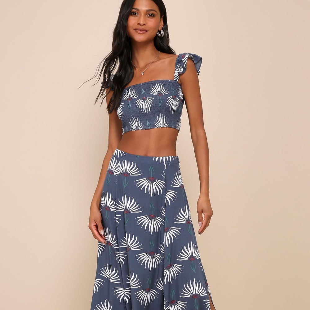 Trancoso Dusty Blue Floral Print Two-Piece Maxi Dress